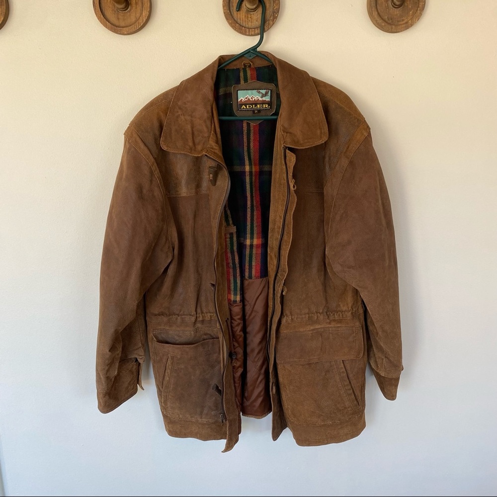 Vintage Adler plaid flannel lined leather parka coat Jack men’s size medium